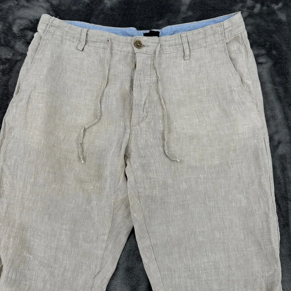 HM Mens 100% Linen Pants Mens 36 Oatmeal Beige Drawstring Straight Leg Trousers